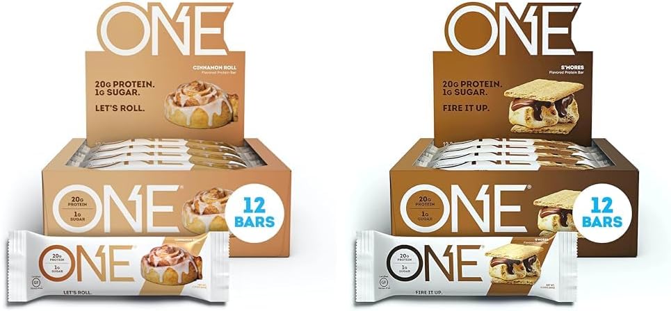 ONE Protein Bars, Cinnamon Roll, Gluten Free Protein Bars with 20g Protein and Only 1g Sugar & Protein Bars, Smores, Gluten Free Protein Bars with 20g Protein and only 1g Sugar