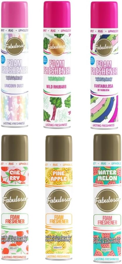 6 Piece Fabulosa Foam Carpet Freshener Spray Bundle Scents Unicorn Dust Wild Rhubarb Fantabulosa Watermelon Pineapple Cherry +8 FabFinds Wax Melts