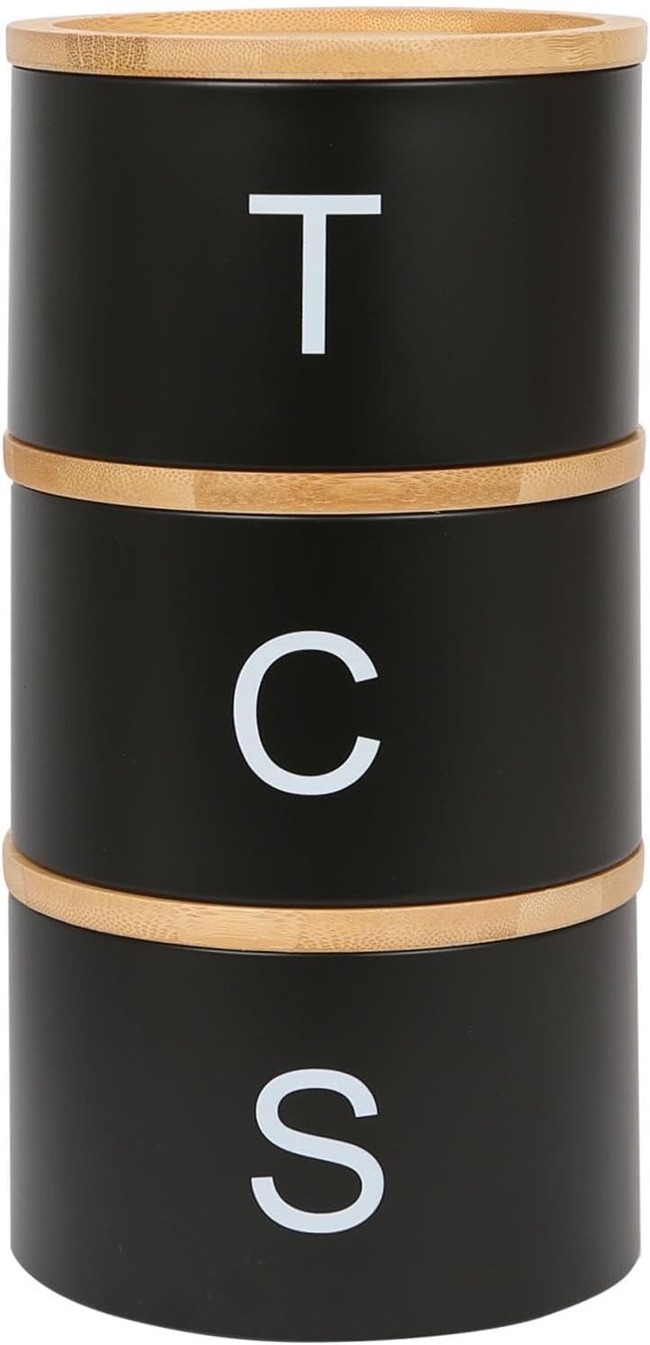 Harbour Housewares Stackable Tea Coffee Sugar Canisters with Bamboo Lids - Black - Stacking 3pc Tea Coffee and Sugar Canisters Set Airtight Kitchen Organiser Food Storage Jars