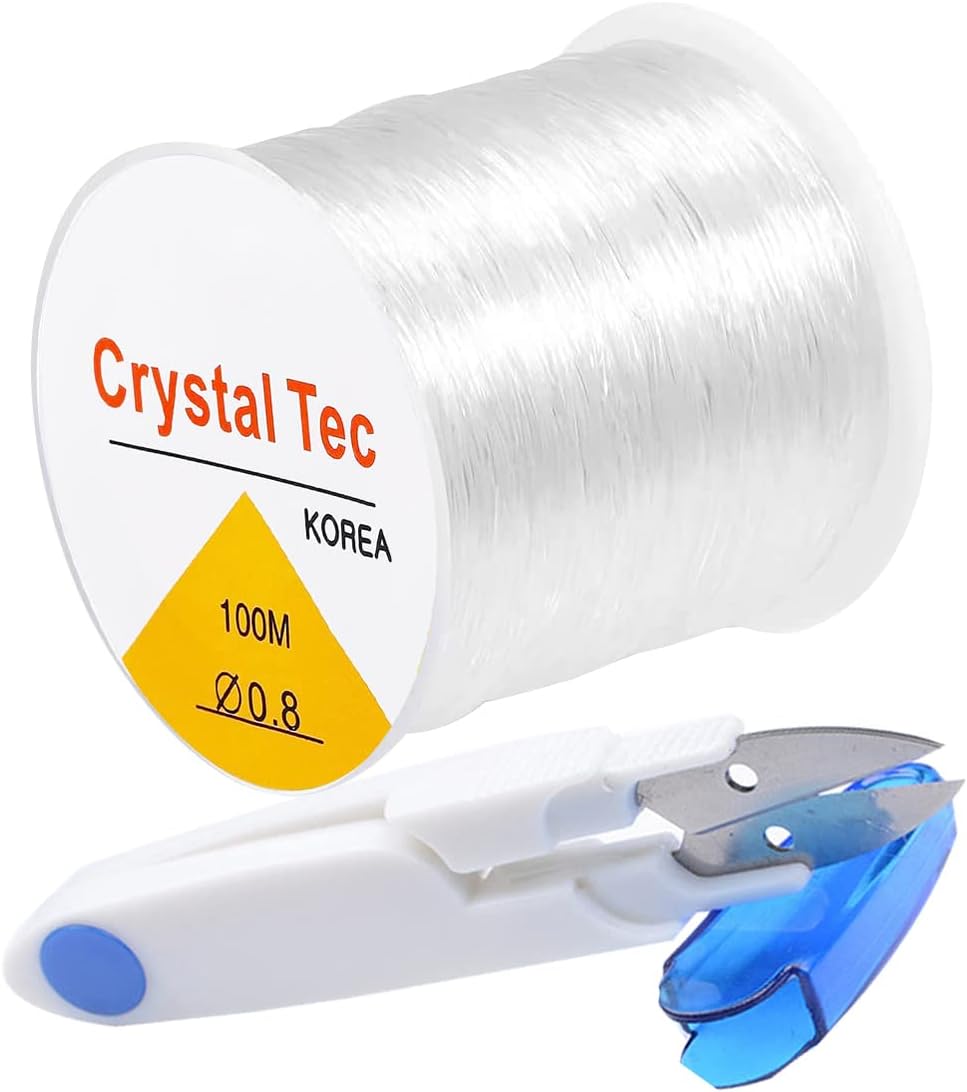 0.8mm Bracelet String Elastic, QBJAYTY Clear Elastic String for Bracelets, Clay Bead String, 100m Stretchy Bracelet String for Bracelet Making, Stretch Beading String Cord Thread for Beads(Crystal)