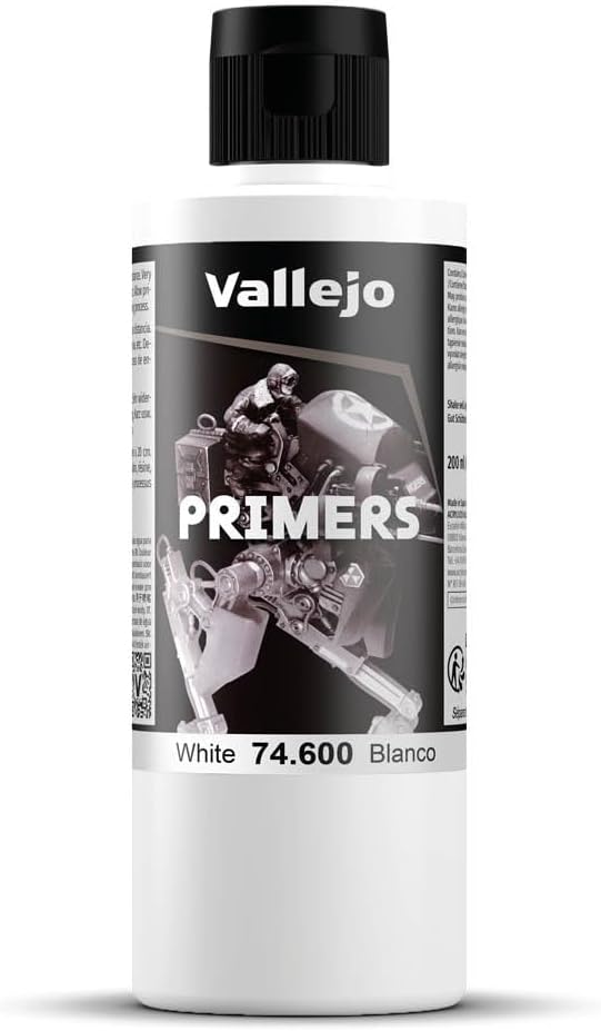 Vallejo - Surface Primer Color | White Acrylic Primer 200 ml (6.76 fl.oz.) | Matte Finish and Fast Drying | Perfect for Airbrushing and Great Adhesion to Figurines and Scale Models