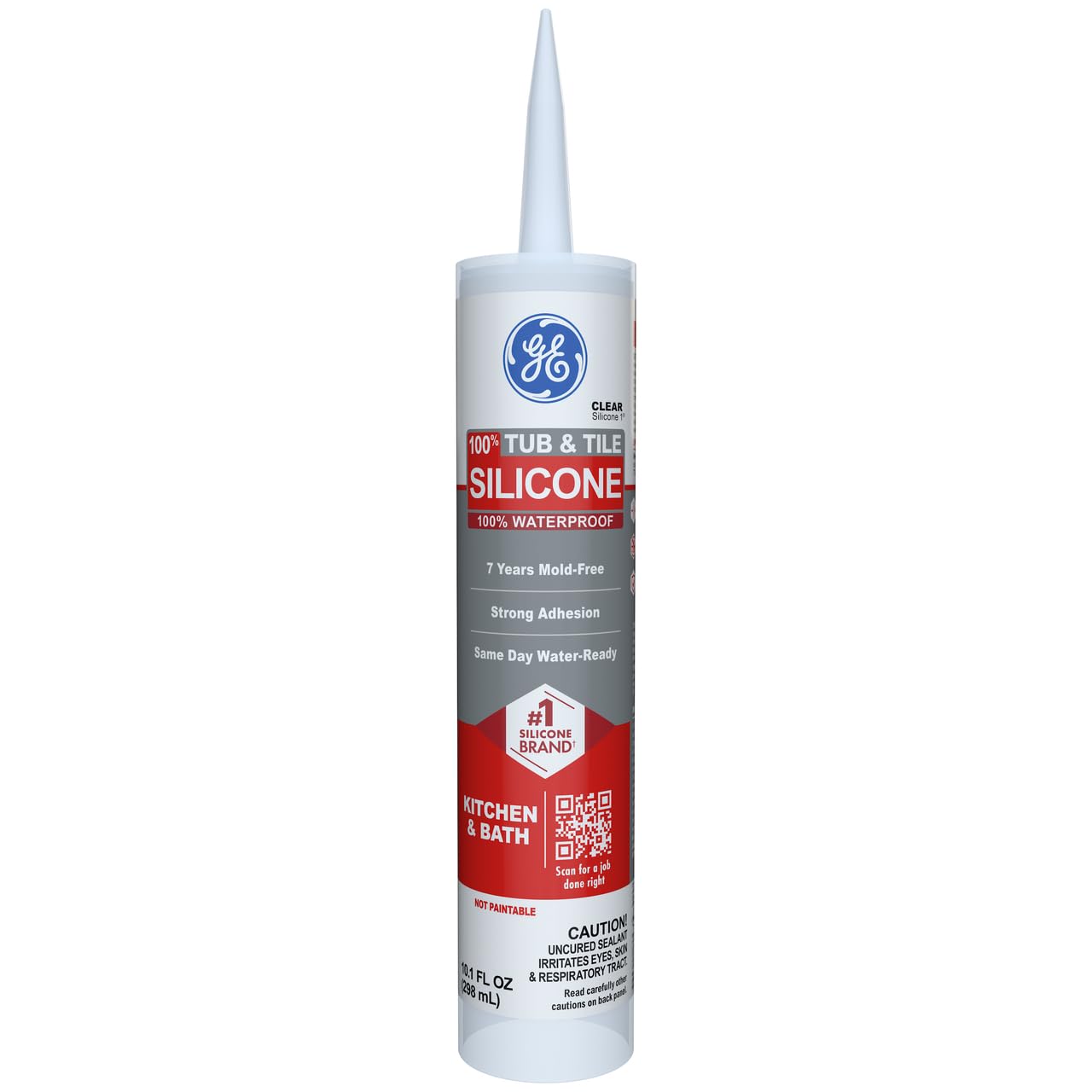 GE Silicone Caulk for Tub & Tile Kitchen & Bath, Clear, 10 fl oz Cartridge, 1 Pack - 100% Waterproof Silicone Sealant, Excellent Flexibility, Shrink & Crack Proof
