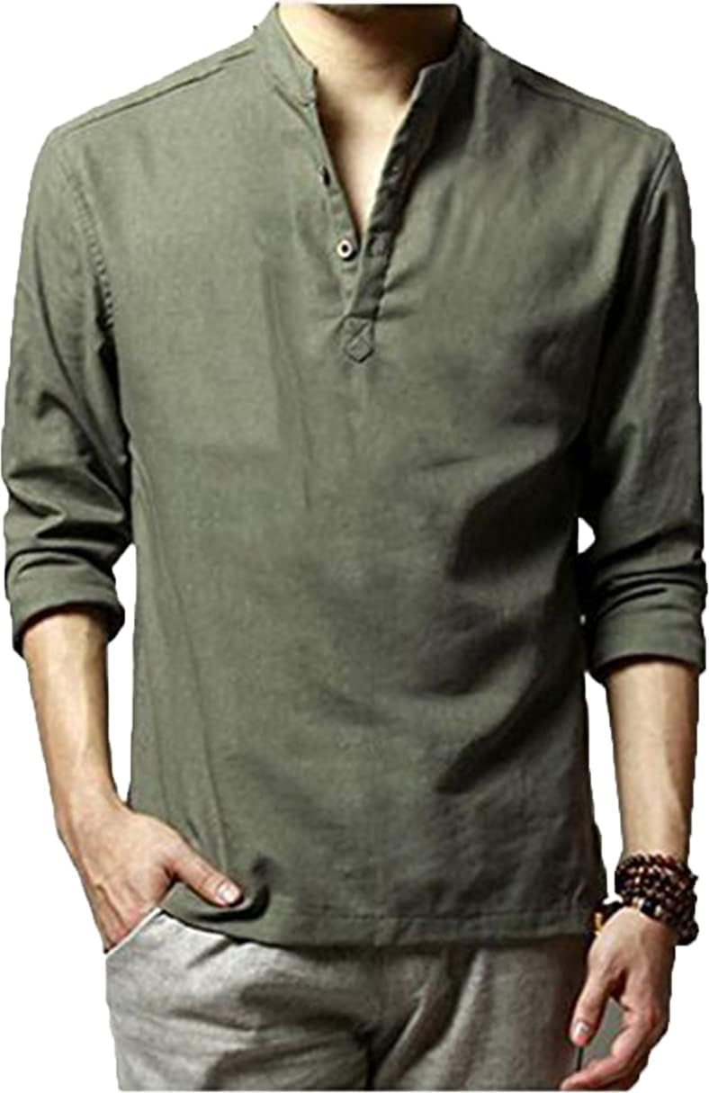 Hoerev Brand Men Casual Long Sleeve Linen Shirts Beach Henley Top Shirts