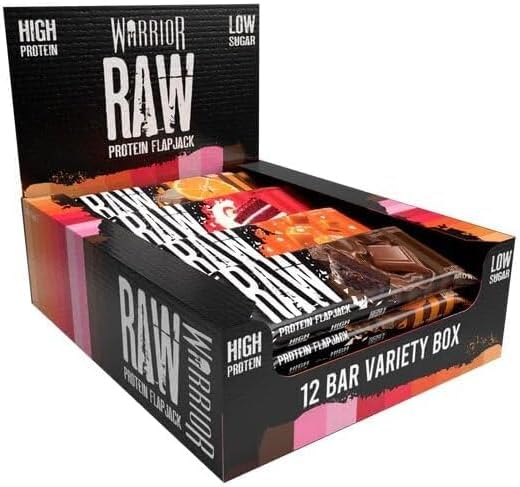 Warrior Raw Protein Bars – 12 x 75g Oat Bar Flapjacks – High Fibre, Low Sugar – Ideal Meal Replacement or Healthy Nutrition Energy Snacks – HFSS/GMP Certified – UK Made (Variety Box)