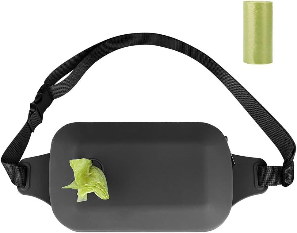WALLFID Silicone Dog Treat Training Pouch,Fanny Pack,Cross-Body Bag,Built-In Poop Bag Dispenser,The Perfect Accessory for Dog Training,Food Grade Silicone,Safe and Reliable,Easy to Clean. (Black)