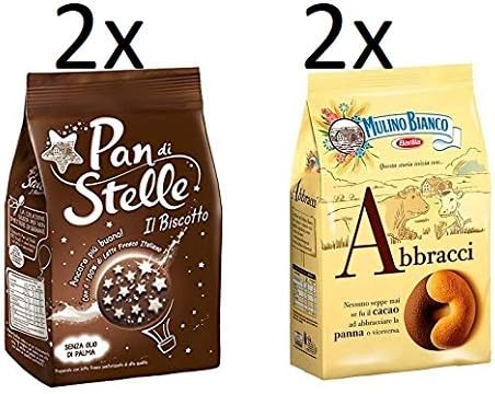 4 Bags Mulino Bianco Breakfast Value Set 2X Pan di Stelle 350g & 2X Abbracci Biscuits 350g Italian shortbread Cookies Cocoa & Cream