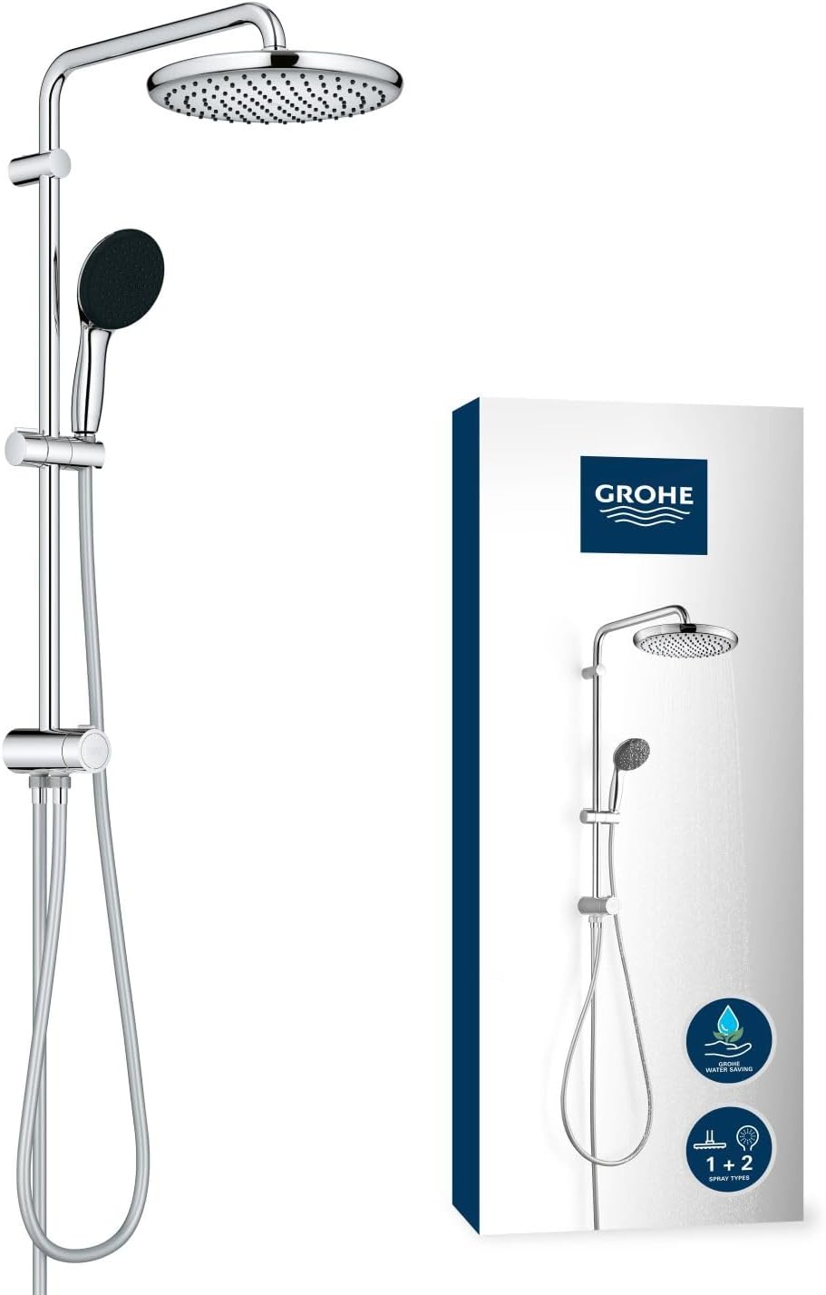 GROHE Vitalio Start 250 - Shower System with Diverter (Round 25 cm Head Shower 2 Sprays: Rain and SmartRain, Round 11 cm Hand Shower 2 Sprays: Rain and Jet, 2 Hoses, Water Saving), e, 26680001