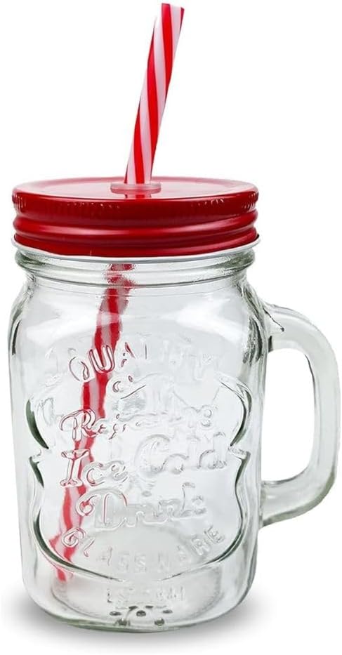 G4GADGET 1x Mason Jar with Handle - Red (500ml) | Glass Drinking Cup with Lid & Straw | Ideal for Smoothies, Juices & Iced Coffee