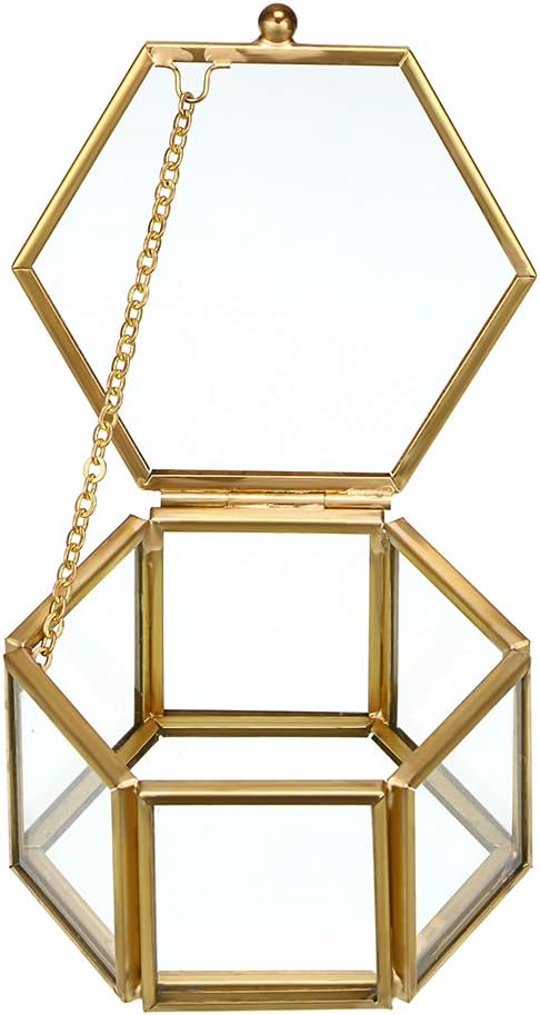 Hipiwe Glass Vintage Jewelry Box - Golden Geometric Jewelry Display Organizer Keepsake Box Case Home Decorative Box for Storage Trinket Ring Earring Chest (Small)