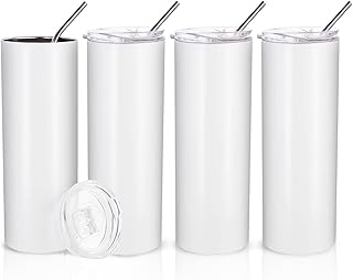 PYD Life Skinny 20 OZ Straight Stainless Steel White Tumbler with Metal Straw for Heat Press Machine Printing 4 Pack