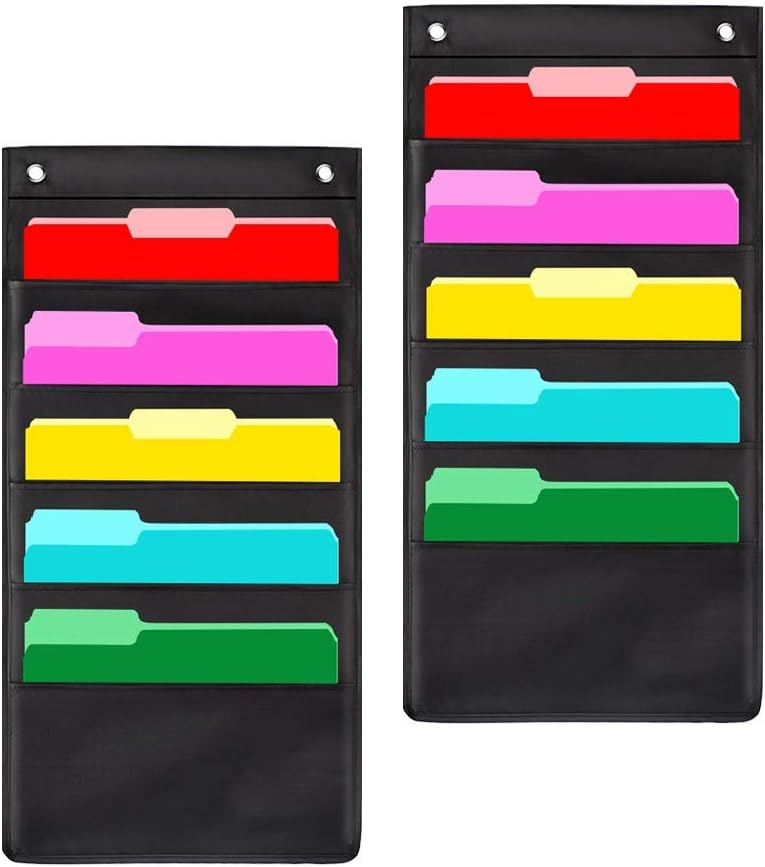 JiatuA Storage Pocket Chart, 5 Pockets Hanging Wall File Organizer with 4 Hooks, Hanging Pocket Chart - Hanging Storage Organizer for School, Home or Office Wall Pocket Chart, Black, 2 Pack
