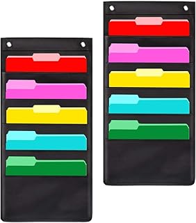 JiatuA Storage Pocket Chart, 5 Pockets Hanging Wall File Organizer with 4 Hooks, Hanging Pocket Chart - Hanging Storage Organizer for School, Home or Office Wall Pocket Chart, Black, 2 Pack