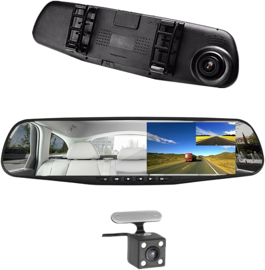 Car DVR Rear View Mirror Video Recroder 4.3" inch Back Up Car Camera Dual Lens Cam Night Vision Front and Rear Backup Reverse Security for Car