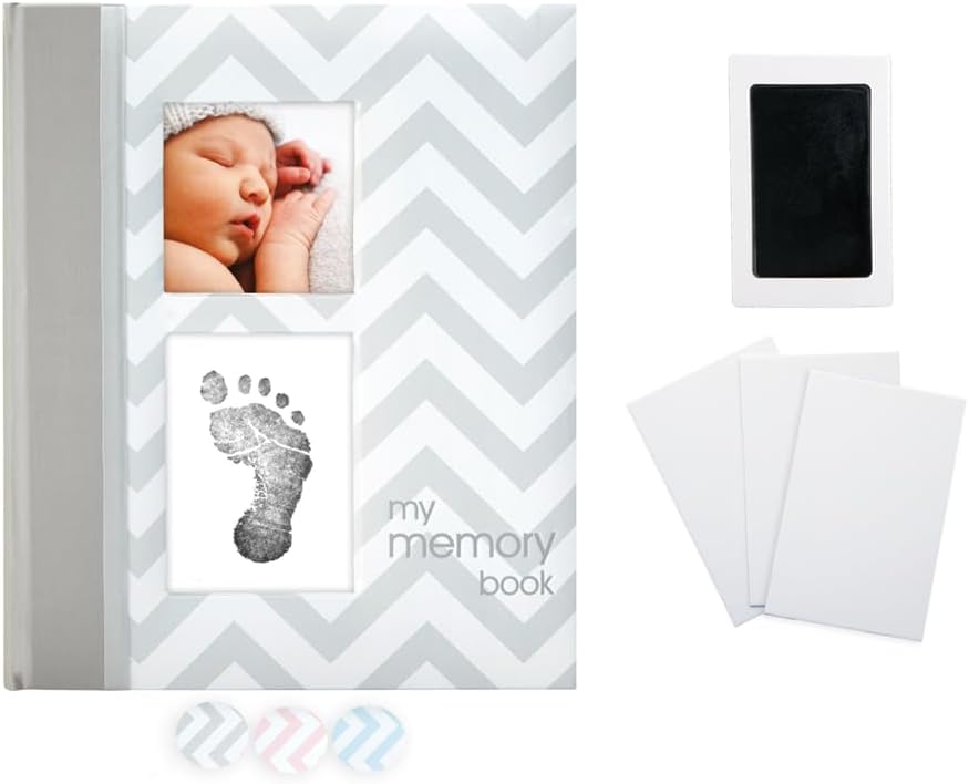 Pearhead First 5 Years Chevron Baby Memory Book with Included Clean-Touch Baby Safe Ink Pad to Create Baby's Handprint or Footprint, Keepsake Milestone Journal, UK English Version, Grey