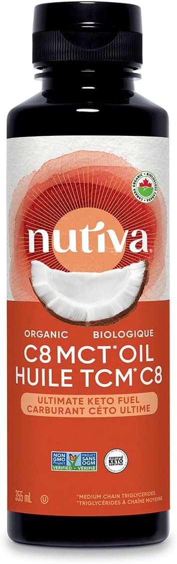 Nutiva Organic Liquid MCT Oil C8- Unflavored - Perfect for Coffee, Shakes, Salads, and More - Great for Vegan, Whole, Paleo, and Keto Diet - Extracted From Coconut - 12floz