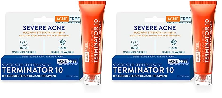 AcneFree Terminator 10 Acne Spot Treatment with Benzoyl Peroxide 10% Maximum Strength Acne Cream Treatment, 1 Ounce - Pack Of 2