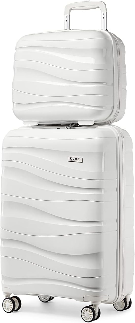 Kono Luggage Sets of 2 Piece Lightweight Polypropylene Hard Shell Suitcase with TSA Lock Spinner Wheels Travel Carry On Hand Cabin Luggage with Beauty Case (Set of 2, White)
