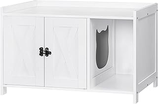 Cat Litter Box Enclosure, Hidden Litter Box Furniture with Divider, Wooden Cat Washroom Storage Cabinet Bench, Indoor Cat House as Table Nightstand, for Living Room, Bedroom, White CWWT2501