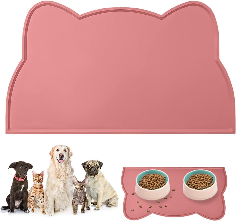 Silicone Dog Cat Bowl Mat, Dog Cat Food Mat, Waterproof Dogs Placemat Non-slip Dogs Feeding Mat for Foods and Water Bowls, Prevent Food Spills and Water Messes, Keep Floors Clean (Pink)