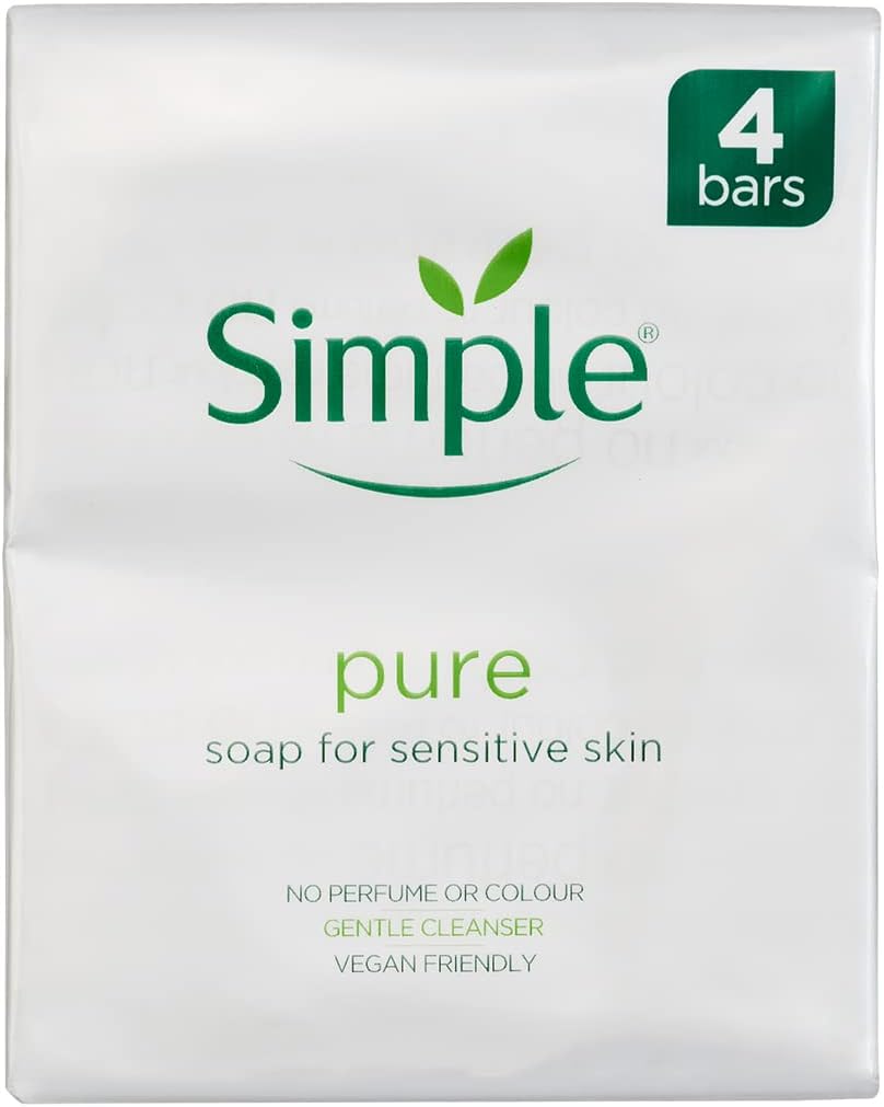 Simple Soap for sensitive skin, cleanses and purifies, no perfume or colour, 4 x 100g bars4 x 100g