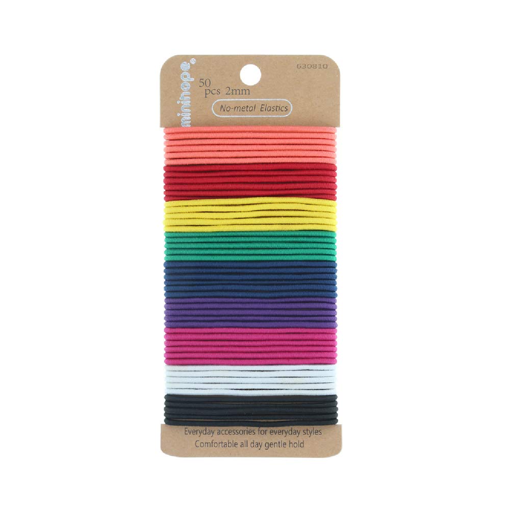 Minihope no-metal girls elastic hair ties, women's girls multicolor elastics, 2mm neutral elastics 50 Count