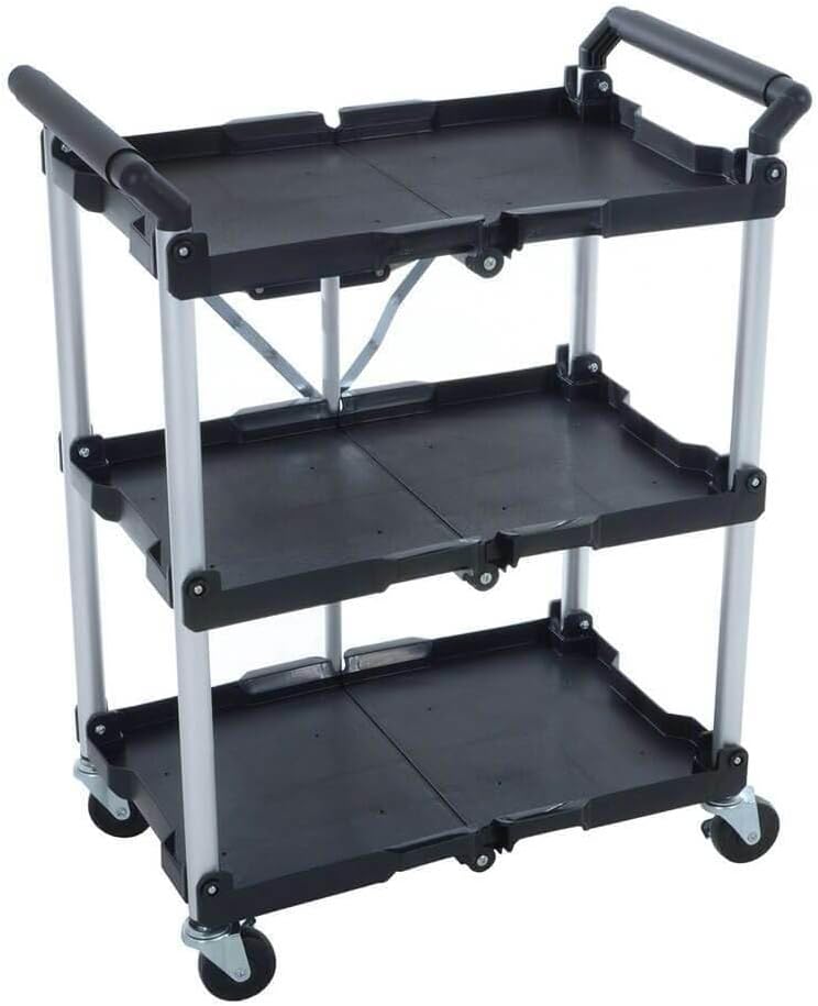 Azuma 3-Tier Folding Tool Trolley – Heavy Duty Metal Frame Service Cart with Wheels, Tool Grooves & Handles – Rolling Utility Storage Cart for Home, Office, Garage, Warehouse, Workshop Use