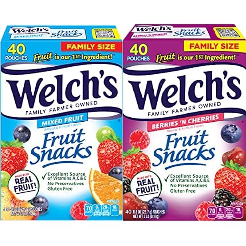 Welch's Fruit Snacks Bundle, Mixed Fruit & Berries 'N Cherries, Gluten Free, Bulk Pack, Individual Single Serve Bags, 0.8 oz (Pack of 80)