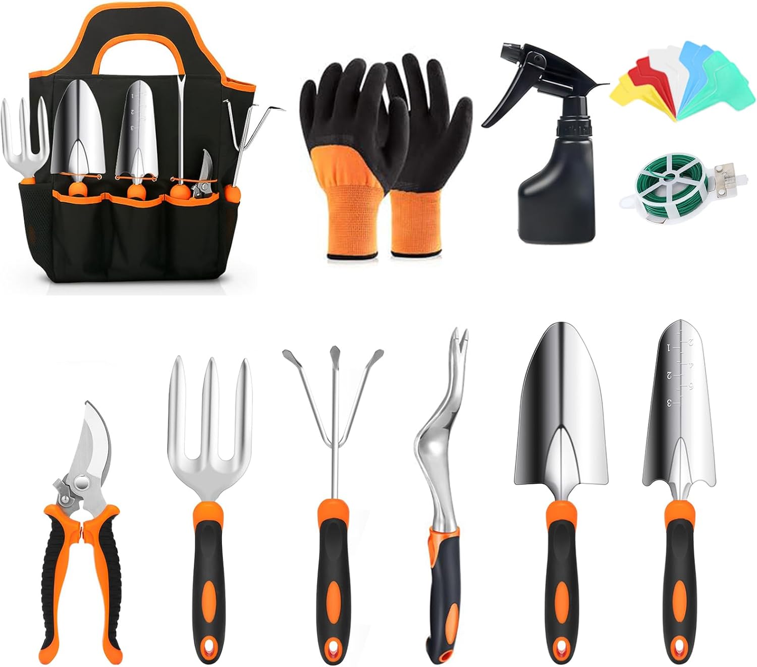 ABRFC Garden Tool Set, 11 Pieces Aluminum Heavy Duty Gardening Kit Gardening Gifts for Women & Men Garden Tool Set with Spray-Bottle, Bag, Gloves Indoors & Outdoors Durable (11 Pieces)