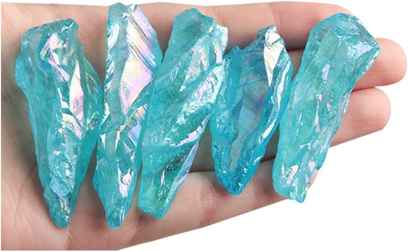 Acxico 5Pcs Titanium Rainbow Aura Lemurian Quartz Blue Crystal Point Healing