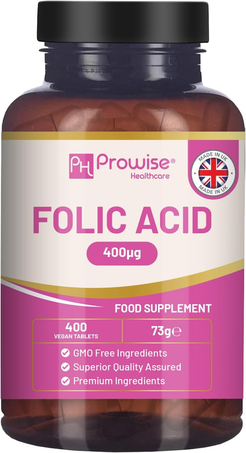 Folic Acid Tablets 400 mcg - 400 Vegan Vitamin B9 Tablets | 13 Month Supply | Vitamin B9 Pregnancy Care | Normal Function of Immune System & Maternal Tissue Growth During Pregnancy | UK Made – Prowise