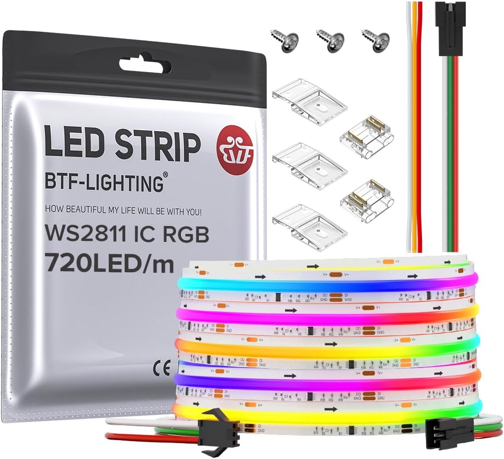 BTF-LIGHTING FCOB WS2811 IC RGB COB LED Strip DC12V 720LED/m 16.4FT Flexible High Density Uniform Chasing Color Light 20IC/m 12mm Width Light for Home Indoor Decor(No Adapter or Controller)