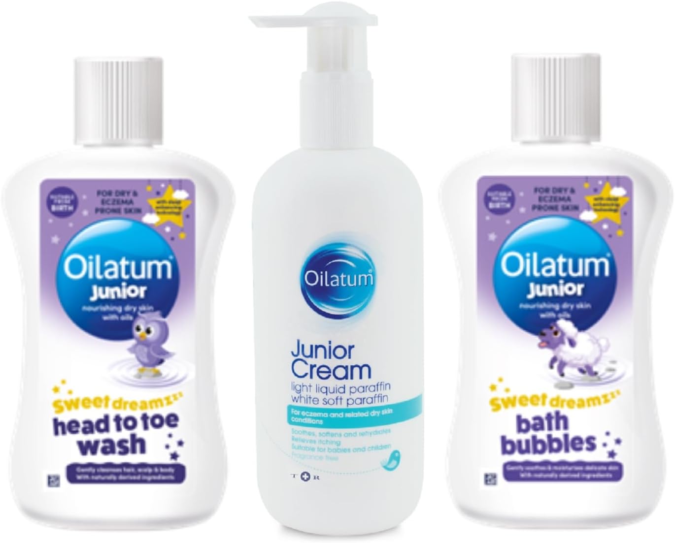 Oilatum Junior Cream (1 x 350ml) & Junior Sweet Dreamz Bath Bubbles (1 x 300ml) & Junior Sweet Dreamz Head to Toe Wash (1 x 300ml), For Dry, Sensitive & Eczema-Prone Skin, Hydrating Cleanser for Kids