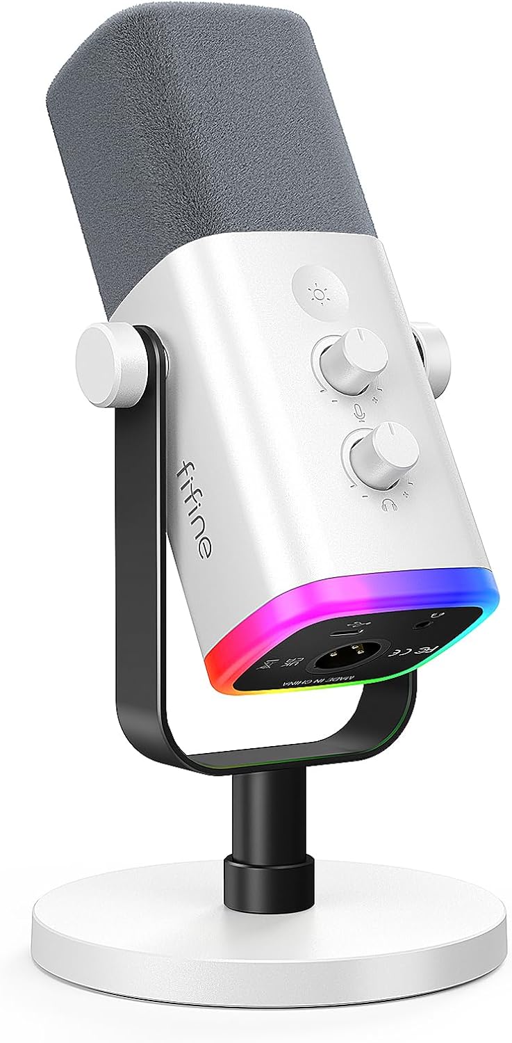 FIFINE XLR/USB Gaming Microphone for Streaming Podcasting, PC Computer RGB Mic, with Gain Knob, Mute Button, Monitoring Jack, Gamer Mic for Recording Video Creation-AmpliGame AM8 White