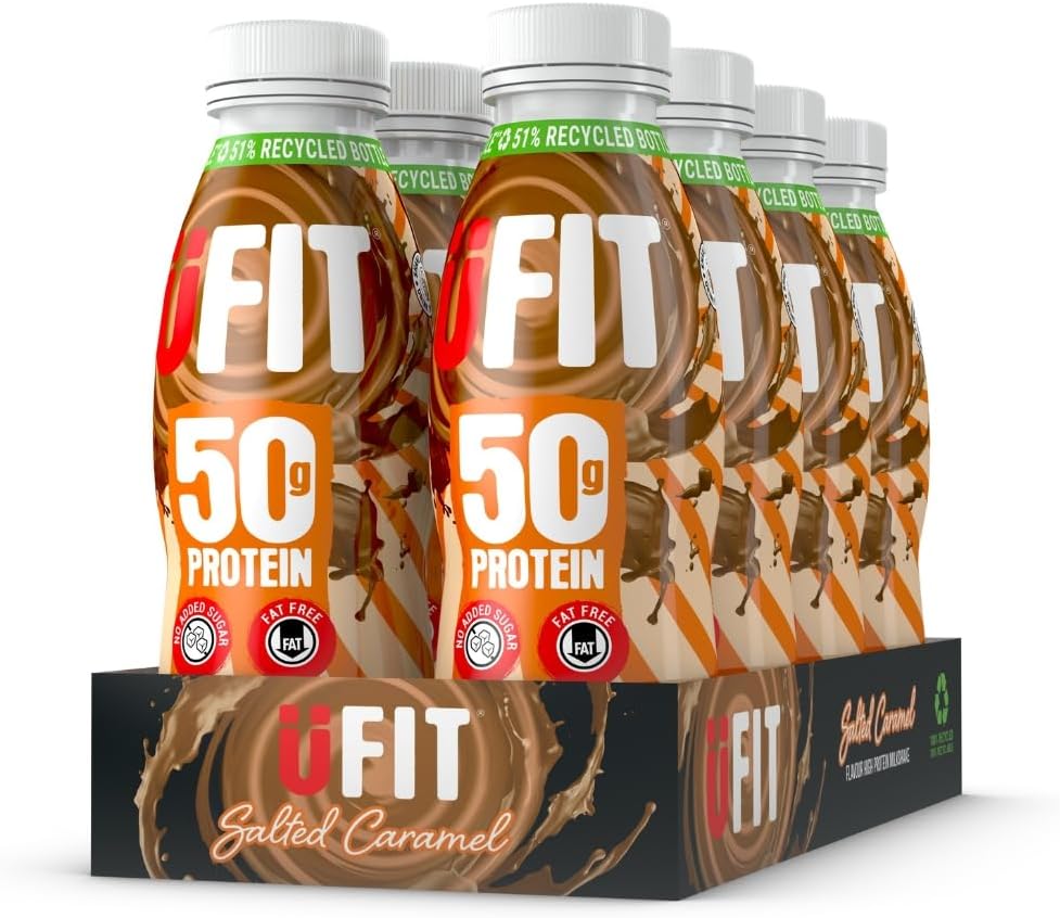 UFIT High 50g Protein Shake - Salted Caramel Flavour- No Added Sugar - Low in Fat - Ready to Drink - Pack of 8 x 500 ml (Packaging May Vary)