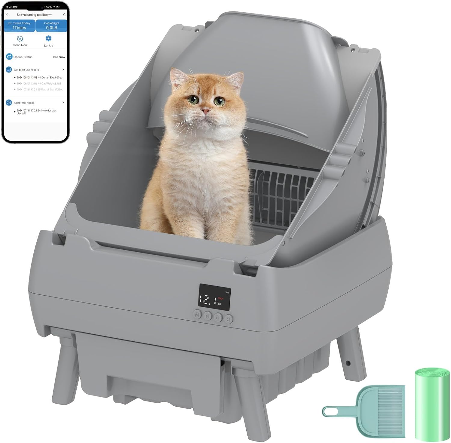 Automatic Cat Litter Box Self Cleaning - APP Control, Open-Style Design, Smart Health Monitor, Safe Anti-Pinch, Quiet, Perfect for Cats, A Lifelong Companion - Grey
