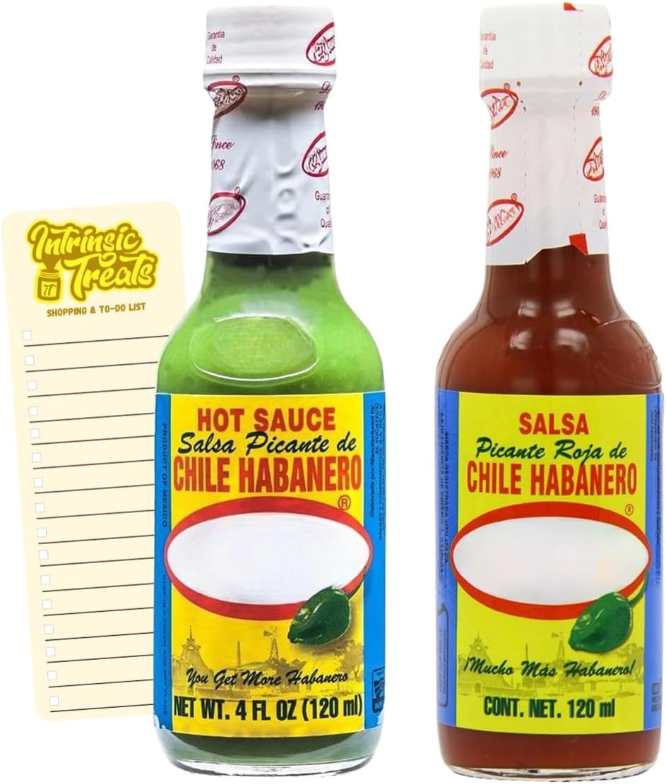 Mexican Chilli Pepper Hot Sauce Bundle with El Yucateco Green and Red Habanero Sauce (120ml Each) with Intrinsic Treats Shopping List Card