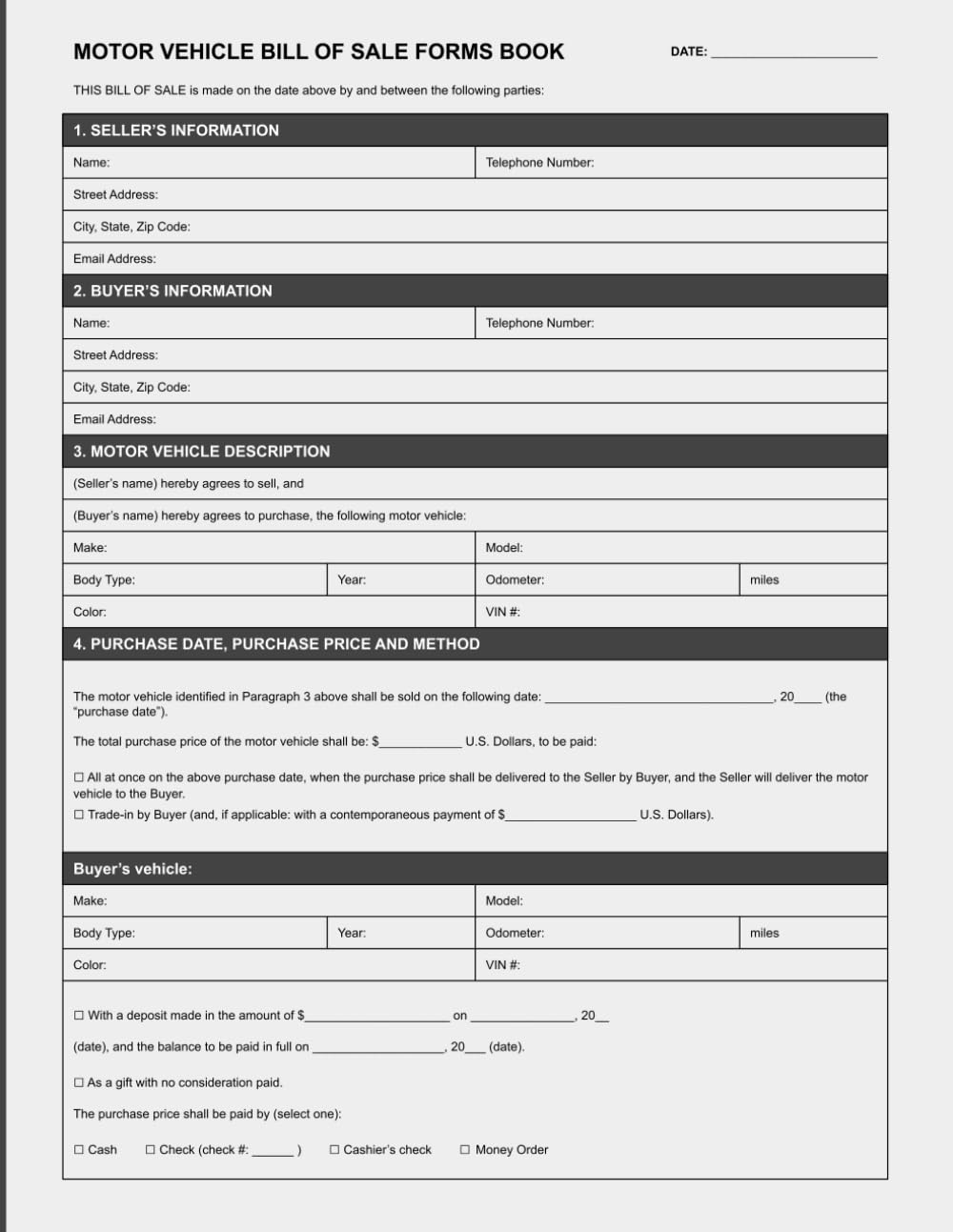 Motor Vehicle Bill of Sale Forms Book, Bill of Sale Form for Buying or Selling a Car, Truck, or Motorcycle | Vehicle Sales Agreement Forms | 60 Forms.