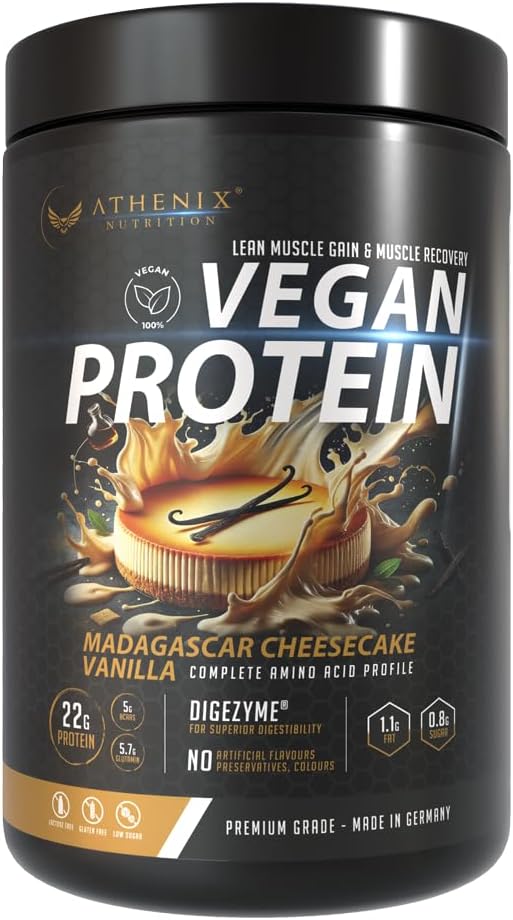 Athenix® Premium Vegan Protein Powder | Protein + BCAAs & Glutamine | Low Sugar | Enhanced with DigeZyme® for Digestion | 100% Plant-Based | Made in Germany (500g, Vanilla Madagascar Cheesecake)
