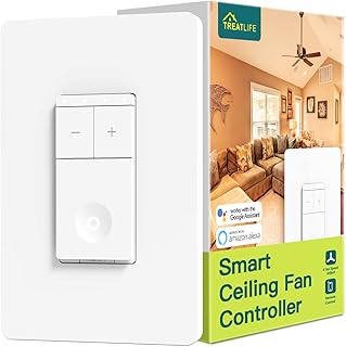 TREATLIFE Smart Ceiling Fan Control, 4 Speed Fan Switch for Ceiling Fan, Neutral Wire Required, 2.4GHz WiFi Smart Fan Switch Works with Alexa, Google Home, Remote Control, Schedule, No Hub Required