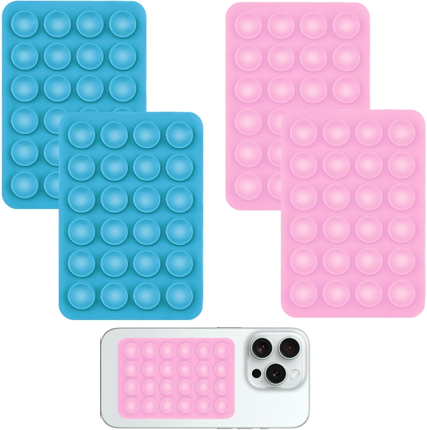 Qianeffort Silicone Suction Phone Holder, 4 Pcs Anti-Slip Sticky Grip for Shower Mirror, Toys, Wall - (2 Blue + 2 Pink)