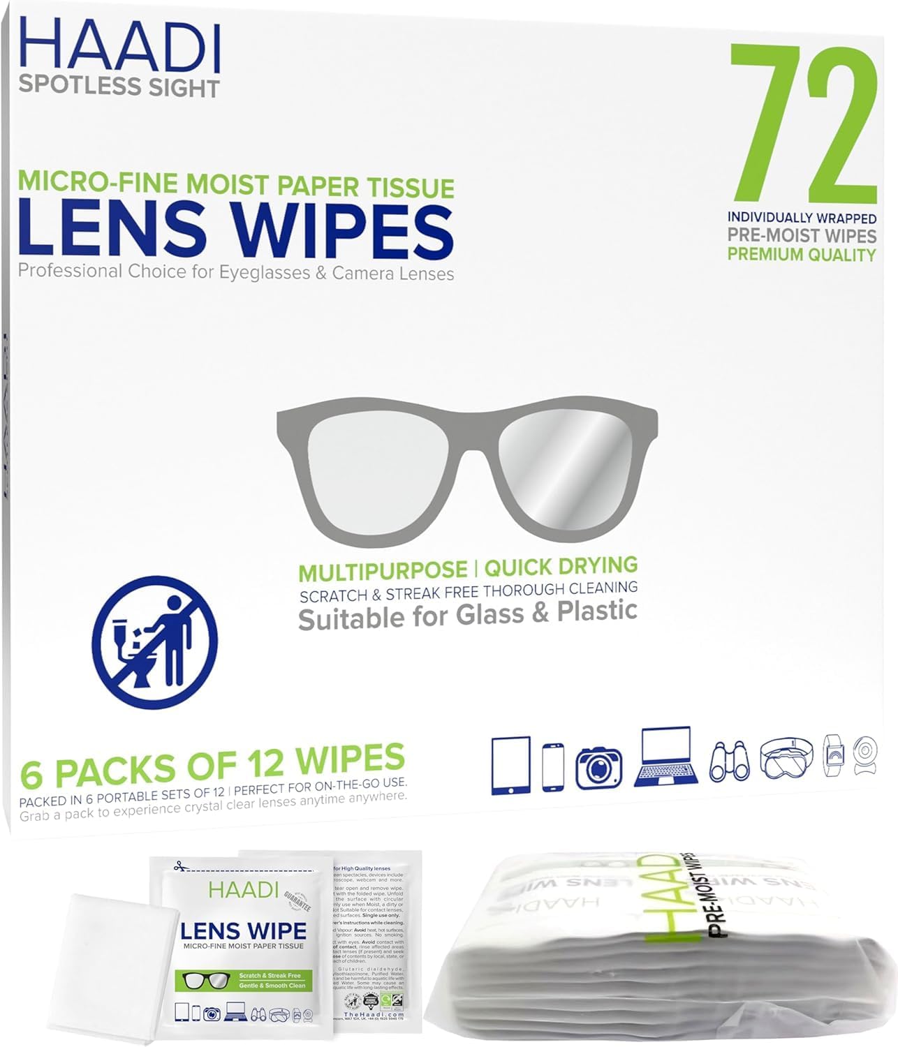 Glasses Cleaner Wipes 80 Individually Wrapped Lens Wipes Multipurpose Suitable for Spectacle Lenses, Cameras, Binoculars, Mirrors, Screens, Optical and Electronic Devices