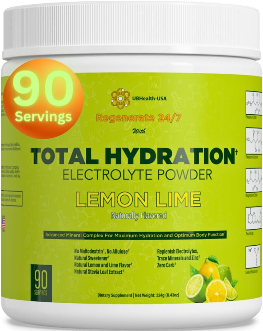 Total Hydration Electrolyte Replacement Mix Supplement Powder – 500 mg Potassium Citrate & Gluconate – Magnesium - Zink - Pink Salt - Natural Flavor -Stevia- No Allulose (90 Servings, Lemon Lime)