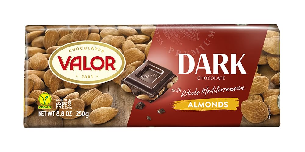 Valor. Dark Chocolate with whole Mediterranean Almonds. 250g (8.75oz).