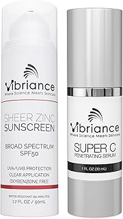 Vibriance Simple Skincare Essentials Bundle | Super C Vitamin C Serum & Sheer Zinc SPF 50 Sunscreen Skincare Set | Nourish, Protect, and Illuminate