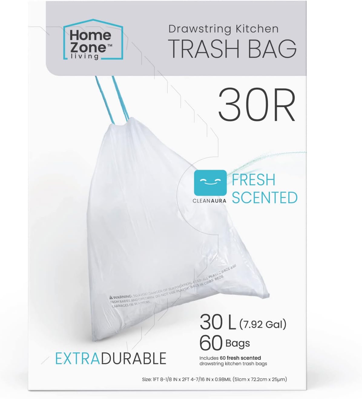 Home Zone Living 8 Gallon Kitchen Trash Bags with Drawstring Handles, Heavy Duty Custom Fit Design for 30 Liter Dual Recycling Liners, Code 30R, 60 Count