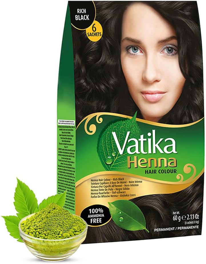 Vatika Henna Rich Black Hair Colour - 60g (6 x 10g Sachets), Natural & Nourishing Hair Dye, 100% Ammonia Free, For Vibrant Color, Shine, & Coverage