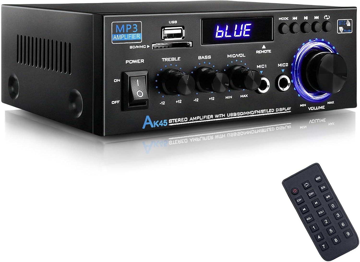 AK45 Bluetooth 5.0 Home Audio Amplifier Stereo Receivers,Max 300W, 2.0 Channel Stereo Amplifier with USB,SD Card,RCA,2 MIC in,Bluetooth Receiver for Home Stereo,Garage,Party Market