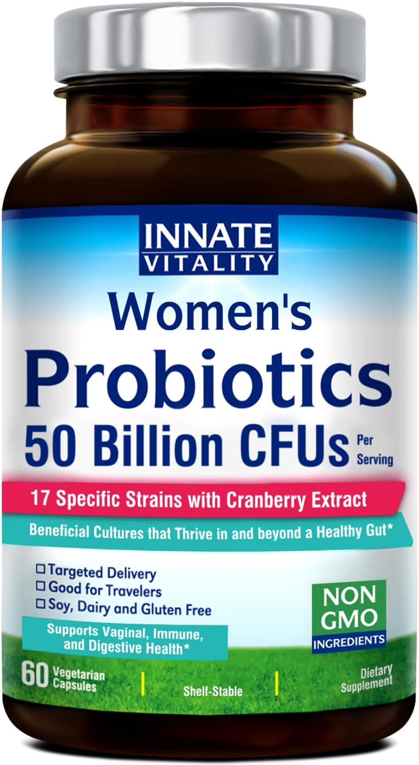 Innate Vitality Probiotics for Women, 50 Billion CFUs, 17 Proven Strains, 60 Veggie Caps, Formulated with Prebiotics and Cranberry Extract,Non-GMO, Supports Vaginal, Digestive and Immune Health