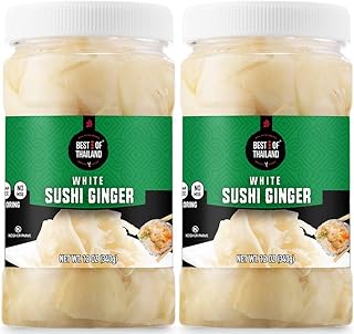 Best of Thailand Japanese White Pickled Sushi Ginger | No MSG | 2 Jars of 12oz Fresh Sliced Young Gari Pickled Ginger in Sweet Pickling Brine with Color | Fat-Free, Sugar-Free, Kosher