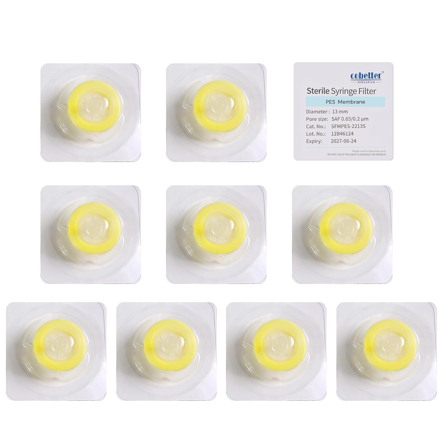 10 pcs/pk Sterile Syringe Filter Double-Layer PES Hydrophilic Membrane 0.2μm Lab Filters 13mm Diameter Individually Packed, Yellow